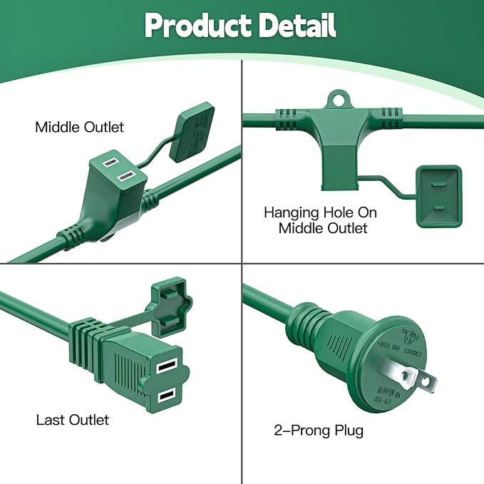 25FT Outdoor Extension Extension Cord for Halloween Christmas Inflatables with Multiple Outlets Green Electrical Cord with Multiple Plugs Outdoor Christmas Blow Up Decorations Light Extension Cords