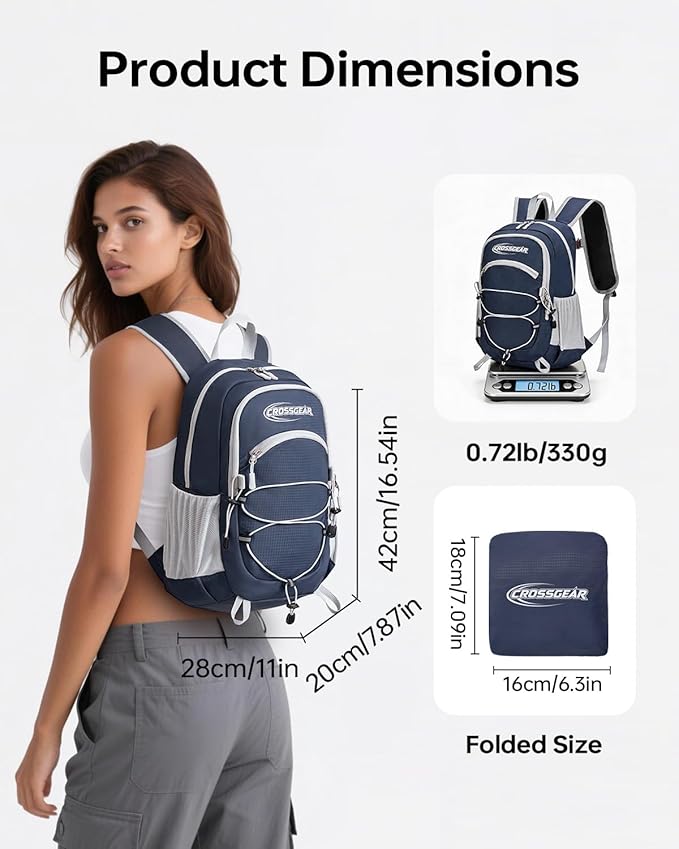 CROSSGEAR 24L Packable Backpack, Lightweight Hiking Daypack, Multiple & RFID Pocket, Water-Resistant Foldable Hiking Backpack for Women Men, Nylon Fabric for Travel Camping, Navy Blue