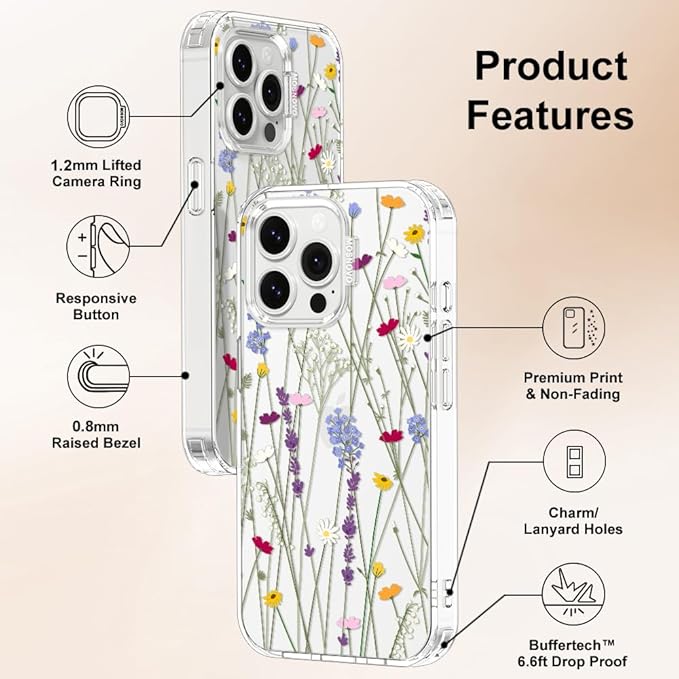 MOSNOVO Case for iPhone 14 Pro Max, [Buffertech 6.6ft Military-Grade Drop Protection] [Anti Peel Off Tech] Clear TPU Bumper Phone Case Cover Design - Floral Garden