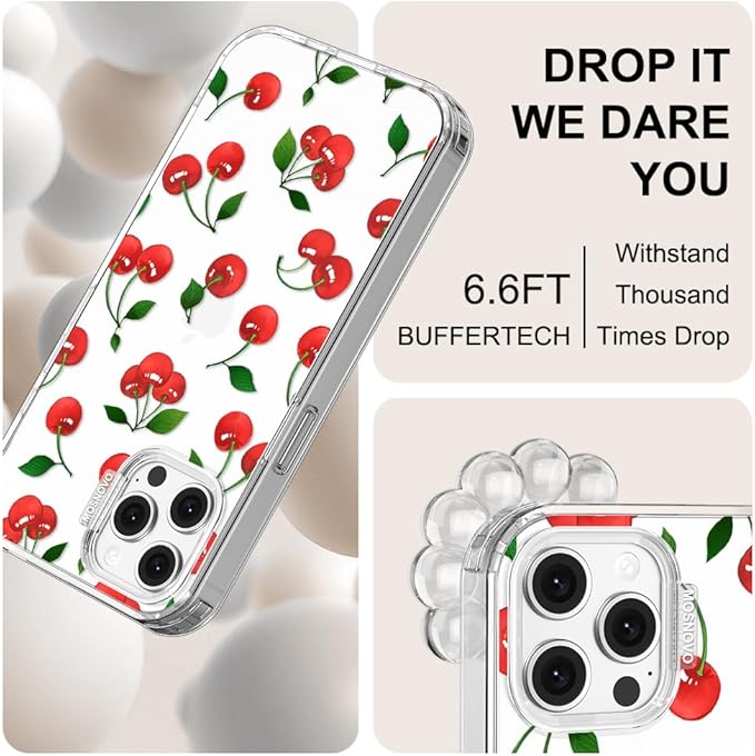 MOSNOVO Case for iPhone 12 & iPhone 12 Pro, [Buffertech 6.6ft Military-Grade Drop Protection] [Anti Peel Off Tech] Clear TPU Bumper Phone Case Cover Design - Cute Cherry