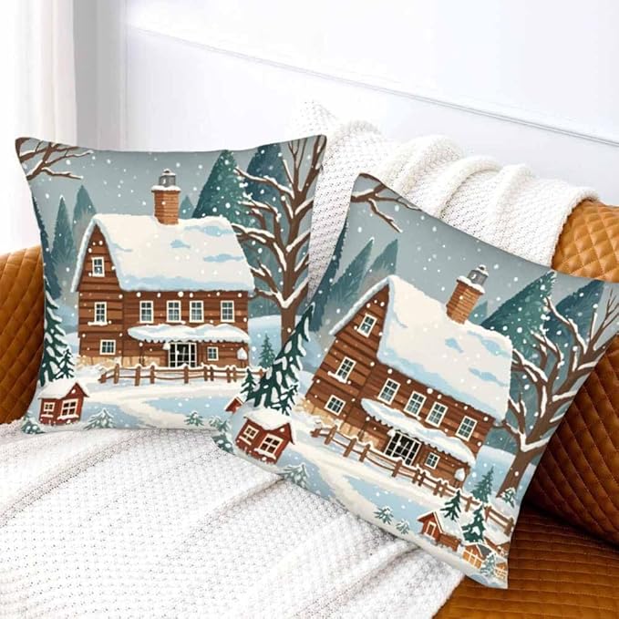 Farmhouse Throw Pillow Covers 18x18 Winter Snow Tree Set of 2 Pillow Cases Square Velvet Outdoor Pillowcases Decorative for Home Bed Sofa Couch Hotel