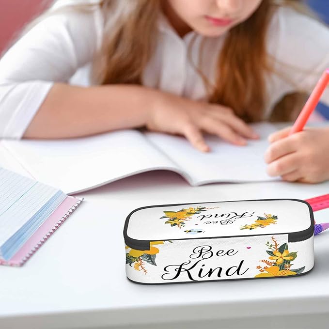 Bee Pencil Case Cute Bee Kind Yellow Flower Bunches Pencil Bag Pen Markers Pouch Holder Organizer for Boy Girl School Students