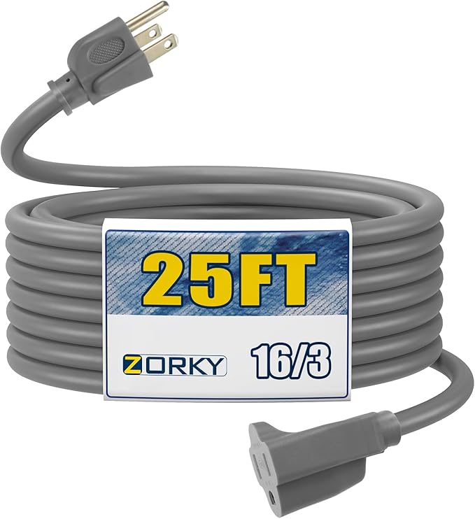 25ft Outdoor Extension Cord for Christmas Decorations - 16/3 Heavy Duty SJTW Waterproof Gray Electrical Cable with 3 Prong Grounded Plug for Safety, Great for Lawn and Major Appliances