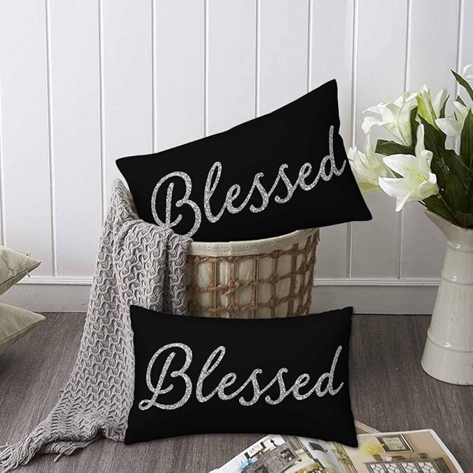 Bling Blessed White Throw Pillow Covers 12 X 20 Highlights Blessed Black Set of 2 Pillow Cases Velvet Outdoor Pillowcases Decorative for Home Bed Sofa Couch Hotel
