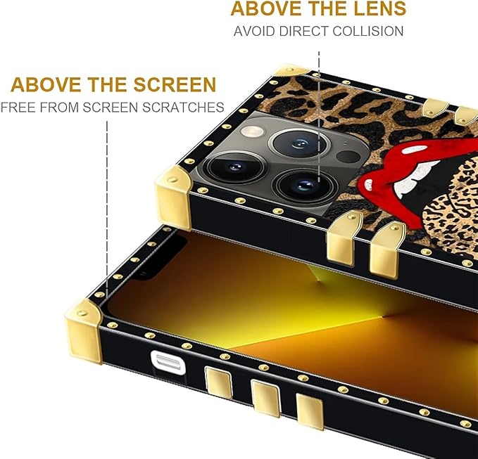 Compatible with iPhone 13 Pro Max Case, Brown Leopard Print Mouth Luxury Golden Decoration for Girl Women Soft TPU Shockproof Protective Hard PC Back for iPhone 13 Pro Max