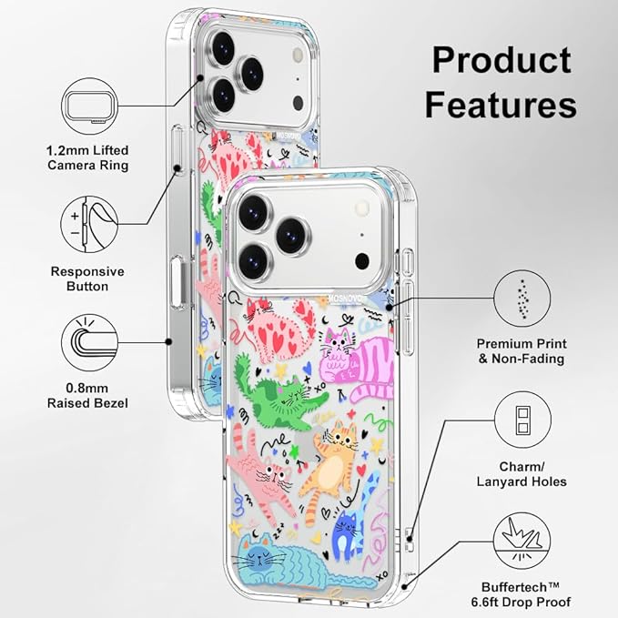 MOSNOVO for iPhone 17 Pro Max Case, Shockproof Military-Grade Protection 6.6ft Drop Tested, Camera Control, Clear Phone Case for iPhone 17 Pro Max, Doodle Cats Design