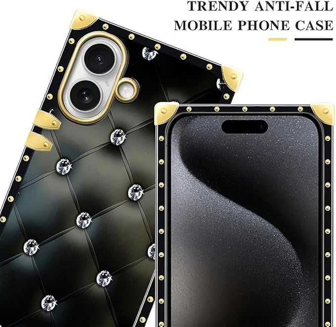 for iPhone 17 Case Luxury Golden Decoration for Girl Women Soft TPU Shockproof Protective Hard PC Back for iPhone 17 Crazy Pattern Shiny Black Sofa Crystal