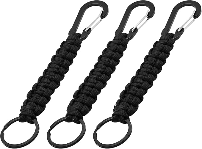 3PCS Paracord Keychain with Carabiner Clip, Braided Rope Key Chain Lanyard, Heavy Duty Paracord Keychain Ring for Men Women Outdoor Camping Hiking Backpack Survival Gear, Black