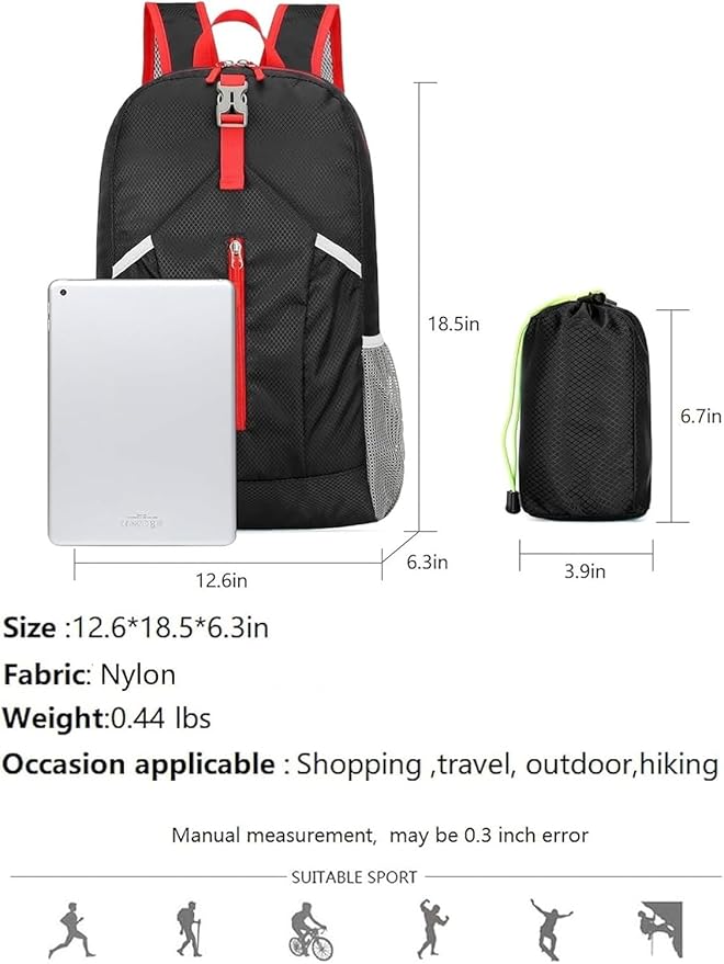 levayhill 25L Foldable Hiking Backpack Lightweight Packable Basic-Daypack Collapsible Bag Water-Resistant Travel Men Women Camping Cycling Outdoor (Black)