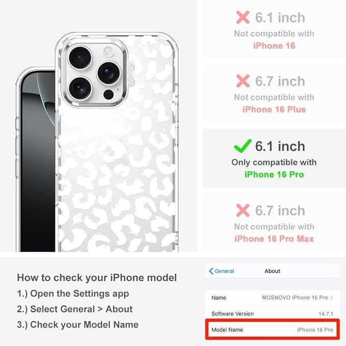 MOSNOVO Case for iPhone 16 Pro, [Buffertech 6.6ft Military-Grade Drop Protection] [Anti Peel Off Tech] Clear TPU Bumper Phone Case Cover Design - White Leopard Print