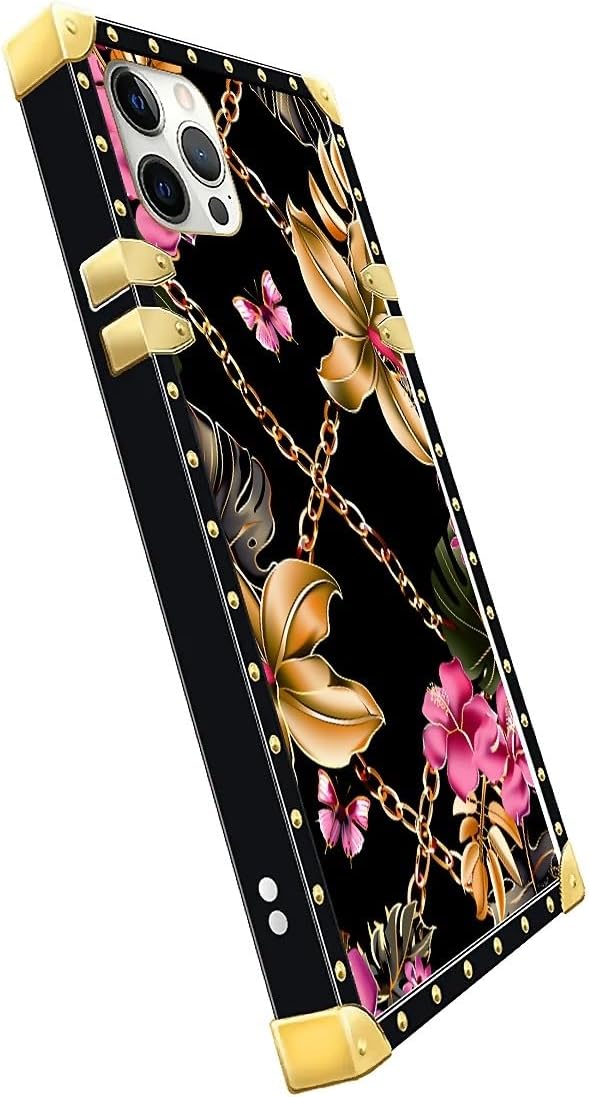 Compatible with iPhone 11 Pro Max Case, Pink Golden Chain Tropical Flower Luxury Golden Decoration for Girl Women Soft TPU Shockproof Protective Hard PC Back for iPhone 11 Pro Max