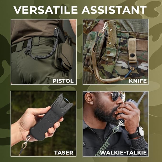TECEUM Tactical Pistol Lanyard – 3+ Colors – Equipment Accessories for Military, Police, Security & Personal Use – Spring Safety Strap with D-Ring Keeper – Anti-Loss Elastic Coil for Belt or MOLLE
