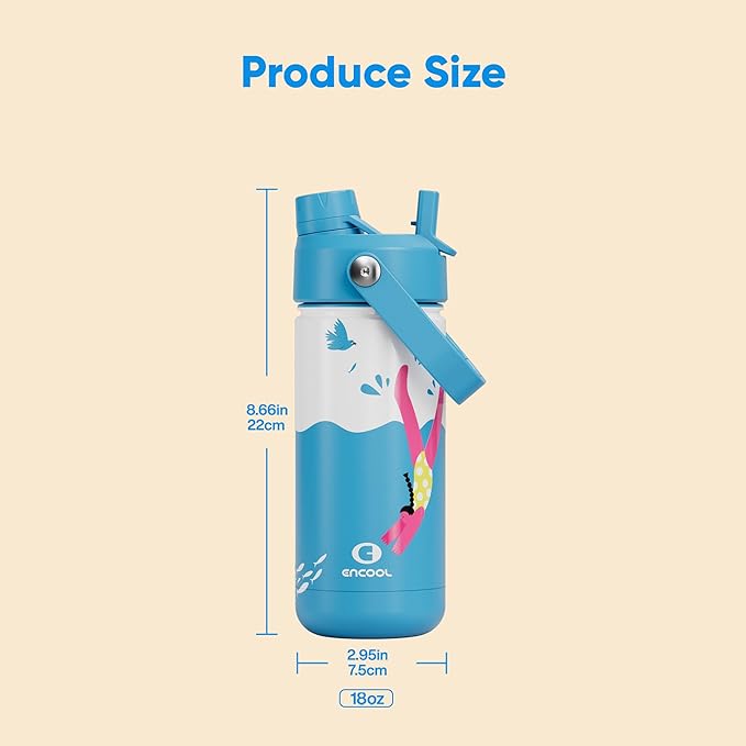ENCOOL Kids Insualated Water Bottle with Straw,18oz Stainless Steel Water Bottle with Dual Spouts, Leak-Proof,BPA-Free,Double Wall Vacuum Keeps Cold for 24 Hours for Sports,Travel,School (Water Leap)