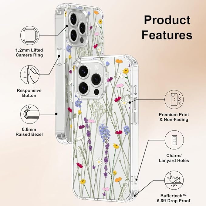 MOSNOVO Case for iPhone 13 Pro, [Buffertech 6.6ft Military-Grade Drop Protection] [Anti Peel Off Tech] Clear TPU Bumper Phone Case Cover Design - Floral Garden