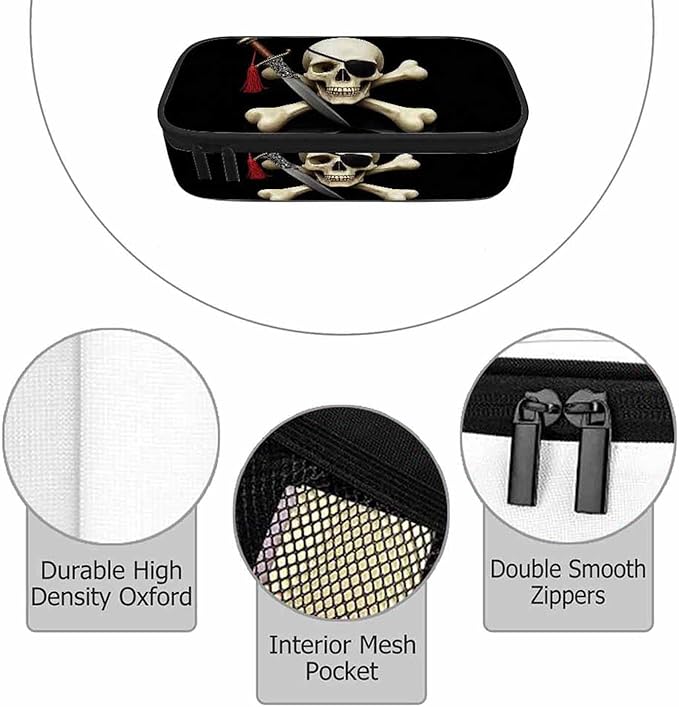 Skull Pirate Pencil Case Crossbones Eye Halloween Day Of The Dead Black Pencil Bag Pouch Box Organizer for College School Students Boy Girl