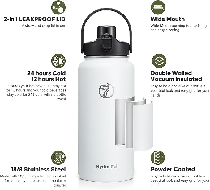 64oz Half Gallon Insulated Water Bottle with 2-in-1 Lid (Chug & Straw), Double Walled Vacuum Stainless Steel Water Bottles, Wide Mouth Leakproof Insulated Jug with Straw