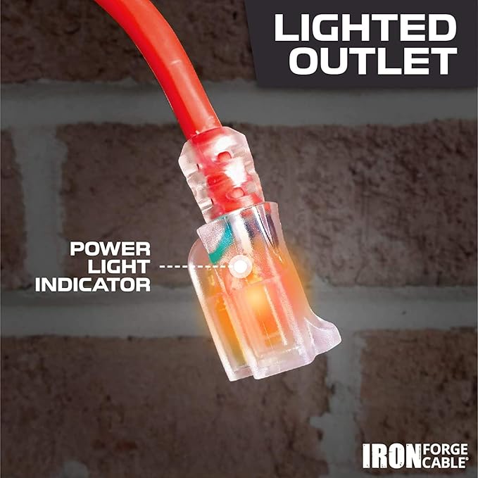 Iron Forge Cable 6 ft Lighted Outdoor Extension Cord - 12/3 SJTW Heavy Duty Red Extension Cable with 3 Prong 15 AMP Grounded Plug for Safety