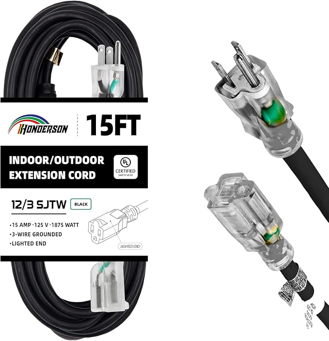 Indoor Outdoor Extension Cord Weatherproof with Lighted End, UL Certified, 12 Gauge 15FT Black 3 Prong Heavy Duty, 12/3 SJTW 15A Power Cord for Outdoor Lights, Lawn