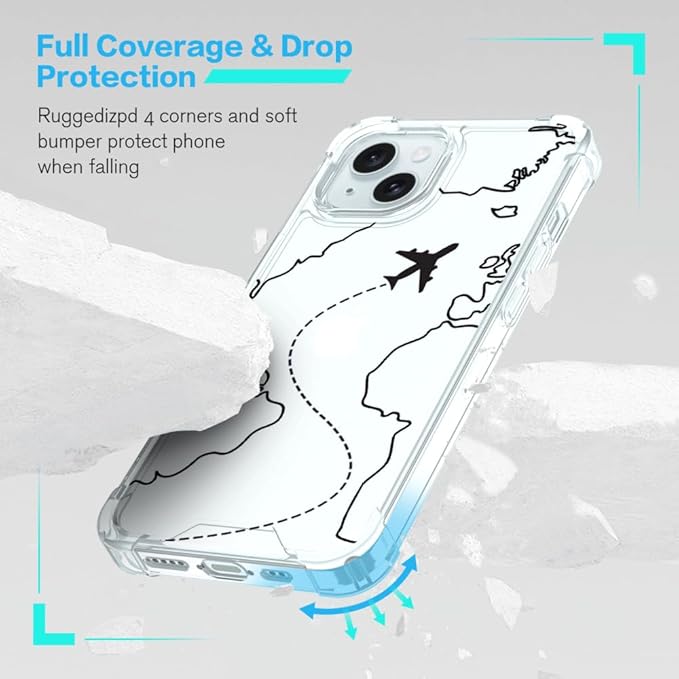 FANXI Minimalist Airplane Travel Map Phone Case Compatible with iPhone 15 (6.1 Inch) - Shockproof Clear Soft TPU Protective Cover with Airplane Design for Women Men and Girls
