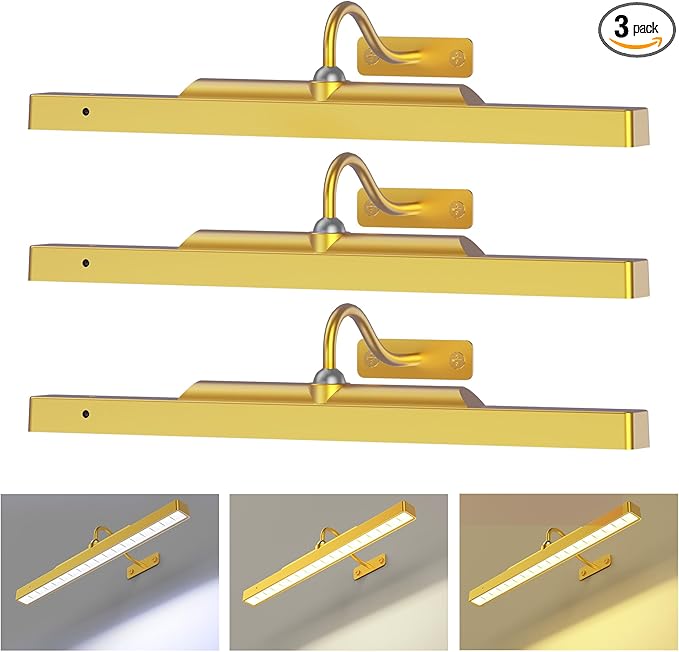 Picture Light 3Pack- 16in Picture Lights for Wall, 5000mAh Wireless Rechargeable Battery Picture Lights, Wall Light, Art Display Light for Gallery Artwork, Paintings, Portraits, Dartboards- Gold