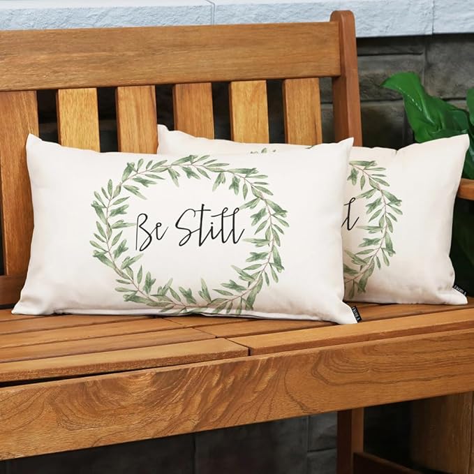 EKOBLA Rustic Be Still Rectangle Throw Pillow Case Green Olive Wreath Leaves Waist Lumber Cotton Linen Cushion Cover Oblong Rectangle Pillowcase for Men Women Home Decoration Bedroom 12x20 Inches