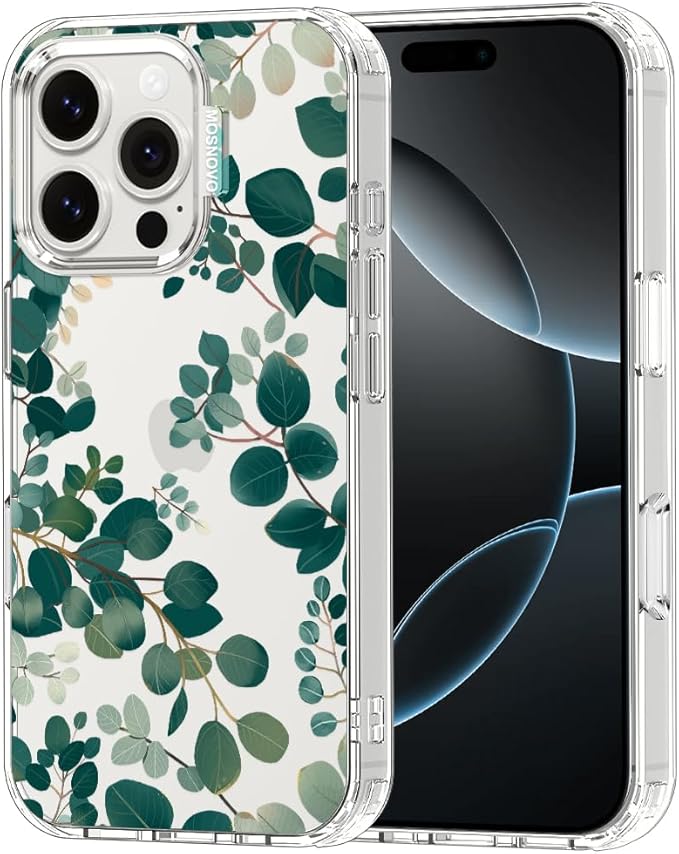 MOSNOVO Case for iPhone 16 Pro, [Buffertech 6.6ft Military-Grade Drop Protection] [Anti Peel Off Tech] Clear TPU Bumper Phone Case Cover Design - Eucalyptus