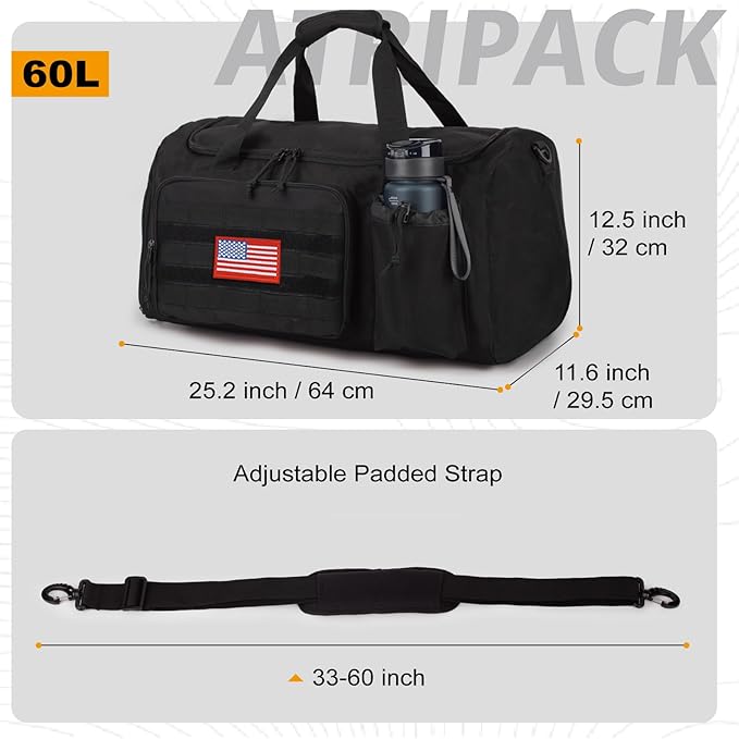 Tactical Gym Bag for Men, 60L Large Capacity Duffle Bags with Shoes Compartment, Sports Bag with wet compartment, Multi-functional Weekend Bags Suitable for Travel, Camping,hiking