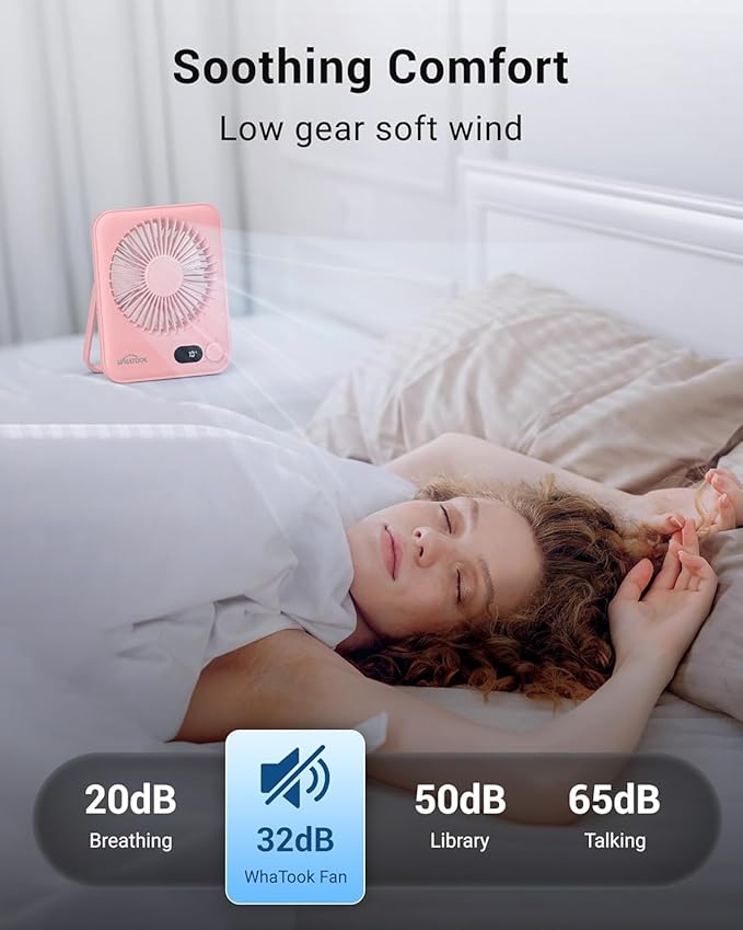 WHATOOK Small Desk Fan Personal Fans: 5000mah 25 Hours Battery Office Quiet Mini Desktop Fan Portable Rechargeable Travel Essentials (Pink, 2000 mAh)