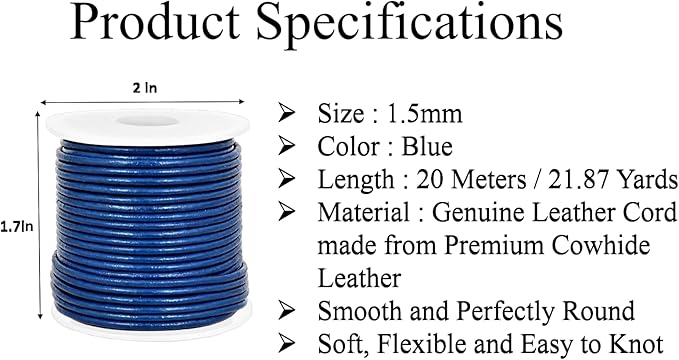 GENIQUE Real/Genuine Round Leather String Cord for Necklace, Bracelets, Jewelry, Kumihimo Braiding, DIY Projects (20 Metres) (1.5mm, Blue)