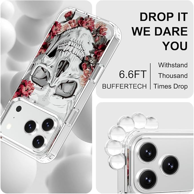 MOSNOVO for iPhone 17 Pro Case | Military Grade 6.6ft Drop Tested | Camera Control | Clear with Red Flower Skull Design