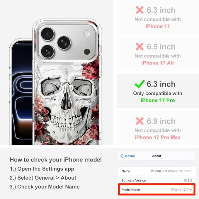 MOSNOVO for iPhone 17 Pro Case | Military Grade 6.6ft Drop Tested | Camera Control | Clear with Red Flower Skull Design