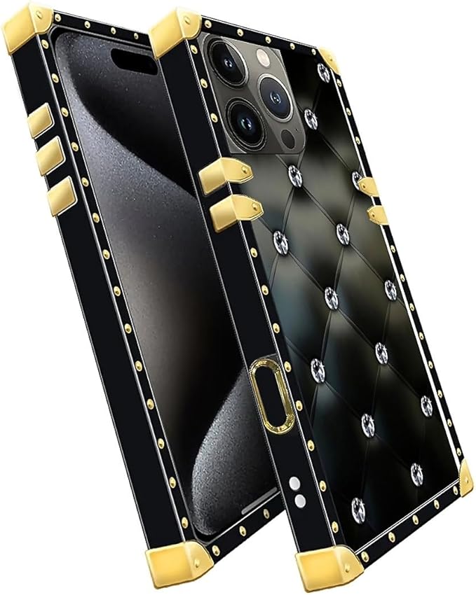 Compatible with iPhone 16 Pro Case, Shiny Black Sofa Crystal Luxury Golden Decoration for Girl Women Soft TPU Shockproof Protective Hard PC Back