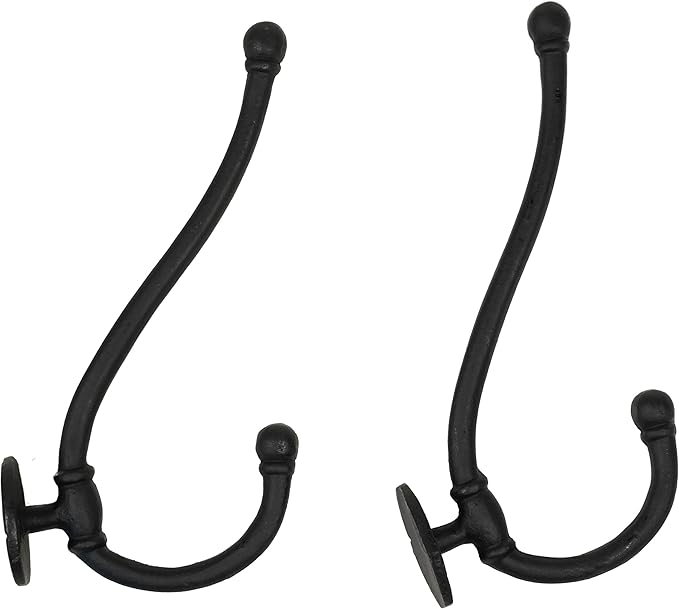 Mystic Colonial Rustic Cast Iron Wall Hooks, Heavy Duty Retro Utility Hanger, Multi Purpose Wall Mount Hooks for Hanging Coat, Bag, Towel, Robe, Hat, Pack of 2-8"" x 1.5"""