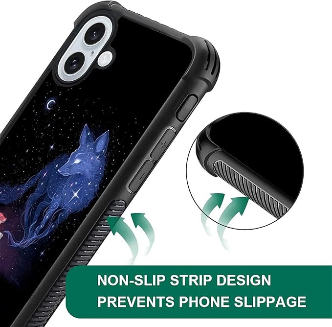 for iPhone 16 Plus Case, Galaxy Fox Wolf Pattern Graphic Design Girl Boy Soft Silicone Hard Acrylic Shock Protection for iPhone 16 Plus