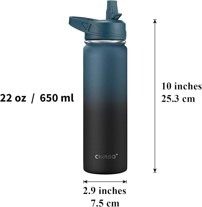 CIVAGO 22 oz Insulated Water Bottle With Straw, Stainless Steel Sports Water Flask Cup with 3 Lids (Straw, Portable Spout and Handle Lid), Double Walled Travel Thermal Canteen Mug, Indigo Black