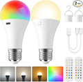 2Pack E26 Rechargeable Light Bulbs with Remote, A19 40W Equivalent Bulb, Soft Warm White 2700K, 400LM Dimmable 5W LED Light Bulb with 15 Colors 3 Timer for Non-Wired Lamp Sconce, Touch, Remote Control