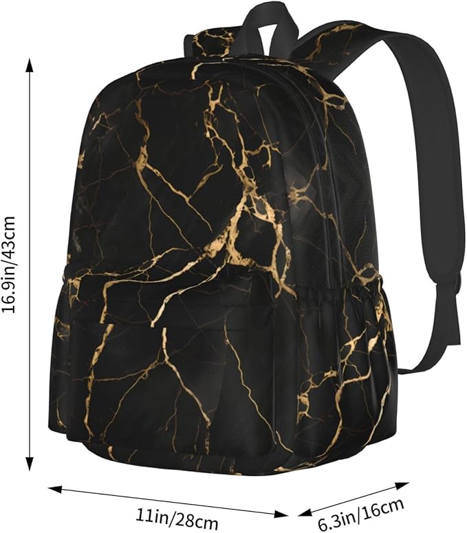 cfpolar 17 Inch Backpack Black & Gold Marble Art Laptop Bag Shoulder Bag School Bookbag Casual Daypack For Boys Girls