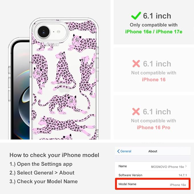 MOSNOVO for iPhone 17e Case/iPhone 16e Case, Shockproof Military-Grade Protection 6.6ft Drop Tested, Clear Phone Case for iPhone 16e / iPhone 17e, Pink Leopard Design
