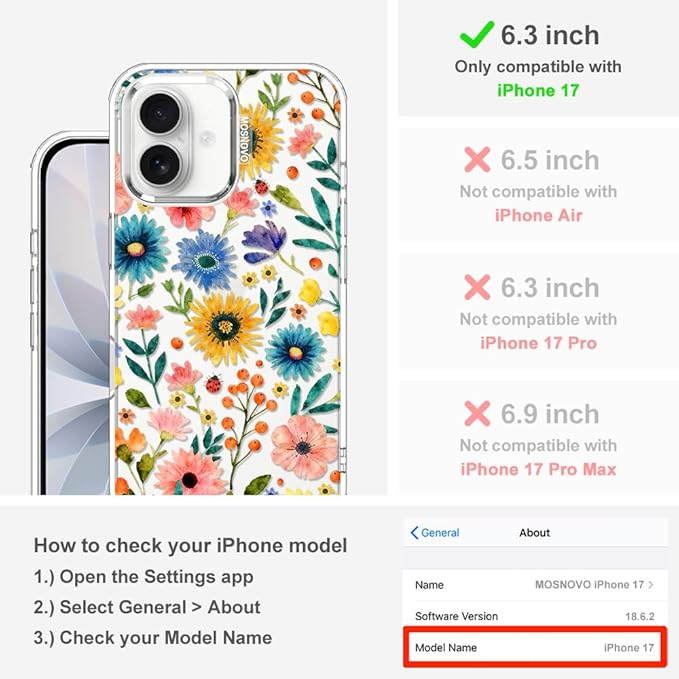 MOSNOVO for iPhone 17 Case, Shockproof Military-Grade Protection 6.6ft Drop Tested, Camera Control, Clear Phone Case for iPhone 17, Wildflower Bloom Design