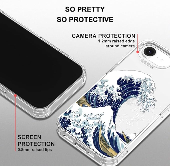 MOSNOVO for iPhone 17e Case/iPhone 16e Case, Shockproof Military-Grade Protection 6.6ft Drop Tested, Clear Phone Case for iPhone 16e / iPhone 17e, Great Wave Design