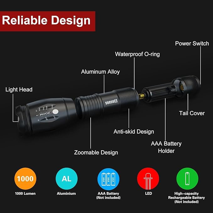COSOOS LED Flashlight with Holster, Bright Tactical Flashlight High Lumen, Zoomable 5-Mode Portable Waterproof Flash Light for Emergency, Hiking, Outdoor Camping Gear Accessories, No Battery