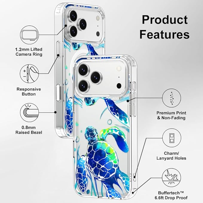 MOSNOVO for iPhone 17 Pro Max Case | Military Grade 6.6ft Drop Tested | Camera Control | Clear with Sea Turtles Design
