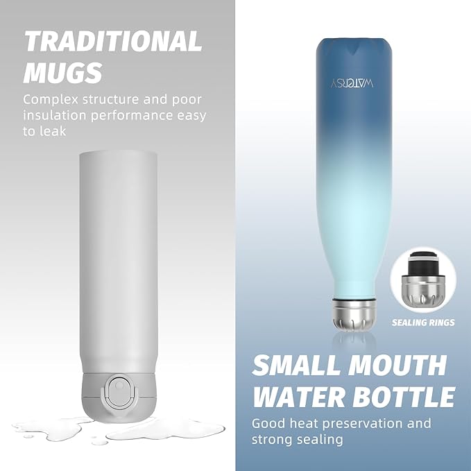 WATERSY Stainless Steel water bottles,17oz/500ml Insulated Water Bottles,Ocean Blue metal water bottle Keeps Drink Cold and Hot,BPA Free kids water bottles for School,Gym,Travel,Sports