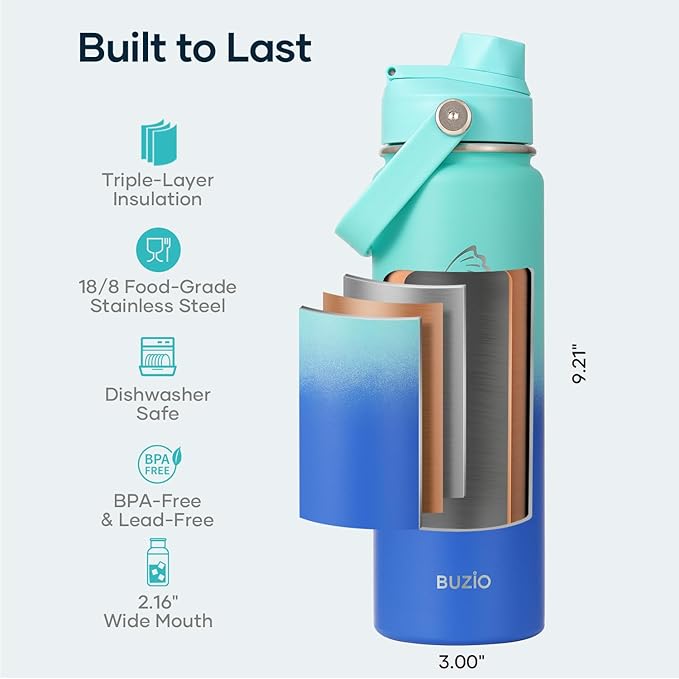 BUZIO 24 oz Insulated Water Bottle, Stainless Steel Wide Mouth Water Flask with Straw Lid, Cold for 48 Hrs Leak Proof Metal Hydro Thermo Canteen Mug, Caribbean Blue