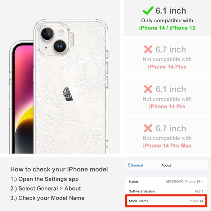 MOSNOVO for iPhone 13/14 Case | Military Grade 6.6ft Drop Tested | Clear with White Dragon Design