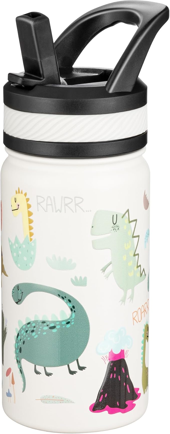 Fanhaw 14 Oz Kids Insulated Water Bottle with Straw - Stainless Steel Double Wall Vacuum Cup, Leakproof, BPA Free, Suitable for Boys and Girls(White - Cute Dinosaur)