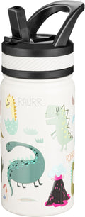 Fanhaw 14 Oz Kids Insulated Water Bottle with Straw - Stainless Steel Double Wall Vacuum Cup, Leakproof, BPA Free, Suitable for Boys and Girls(White - Cute Dinosaur)