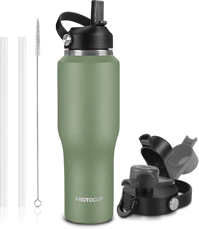 ABOTOCUP Insulated Water Bottle 32oz with Straw/Spout Lids, Stainless Steel Water Bottles Keep Cold 24h&Hot 12h, Metal Water Bottle with Straw that Fits in Cup Holder, Water Bottle Leak-proof,BPA Free