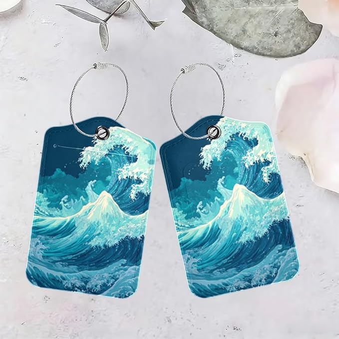 2Pcs Deep Ocean Blue Luggage Tags for Suitcases, 2.83x4.53 Abstract Sea Wave ID Labels with Privacy Cover, Aesthetic Nautical Bag Tags for Backpacks, Cruise Ship Travel Essentials, Set of 2