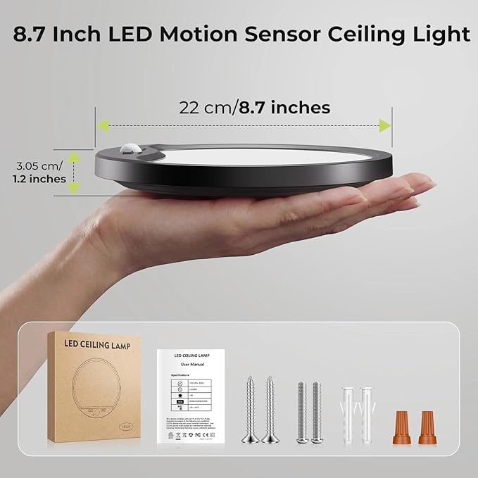 hepside Motion Sensor Ceiling Light Wired, 3000K/4000K/6500K LED Flush Mount Ceiling Light Fixture, 8.7Inch 18W Motion Sensor Light with Timer for Closet Stair Porch Hallway Pantry,Black